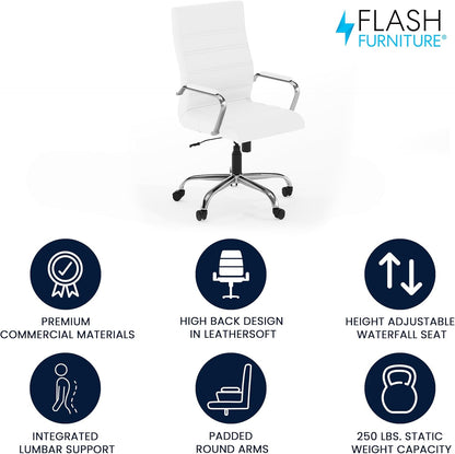 Flash Furniture Whitney High-Back Swivel LeatherSoft Desk Chair with Padded Seat and Armrests, Adjustable Height Padded Office Chair, White/Chrome