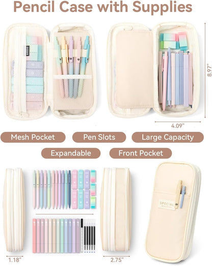 Four Candies 39 PCS Cute School Supplies with Pen Case for Girls - 5 Black Ink Gel Pens, 12 Pastel Highlighters, 6 Aesthetic Mechanical Pencils Set for Stationary College Essentials (Cream)