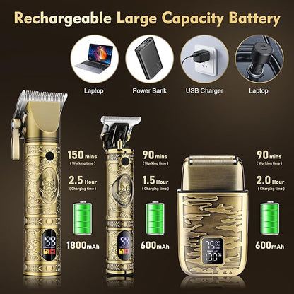 Professional Hair Clippers for Men,Hair Clippers+T-Blade Trimmer+Electric Shaver+Nose Hair Trimmer Set,4 in 1 Cordless Barber Hair Cutting Kit LCD Display Gifts (Gold)