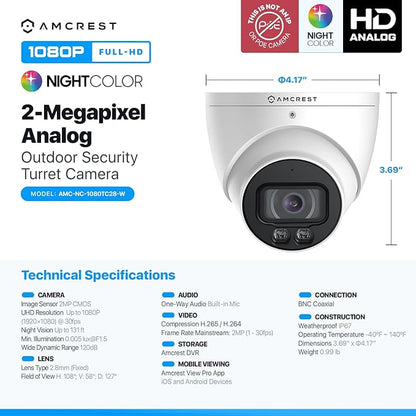 Amcrest Night Color Turret Analog Camera w/ 131ft Full Color Nightvision, Security Camera Outdoor for CCTV DVR, Built-in Microphone, 127° FOV, 2MP@30fps AMC-NC-1080TC28-W-V3