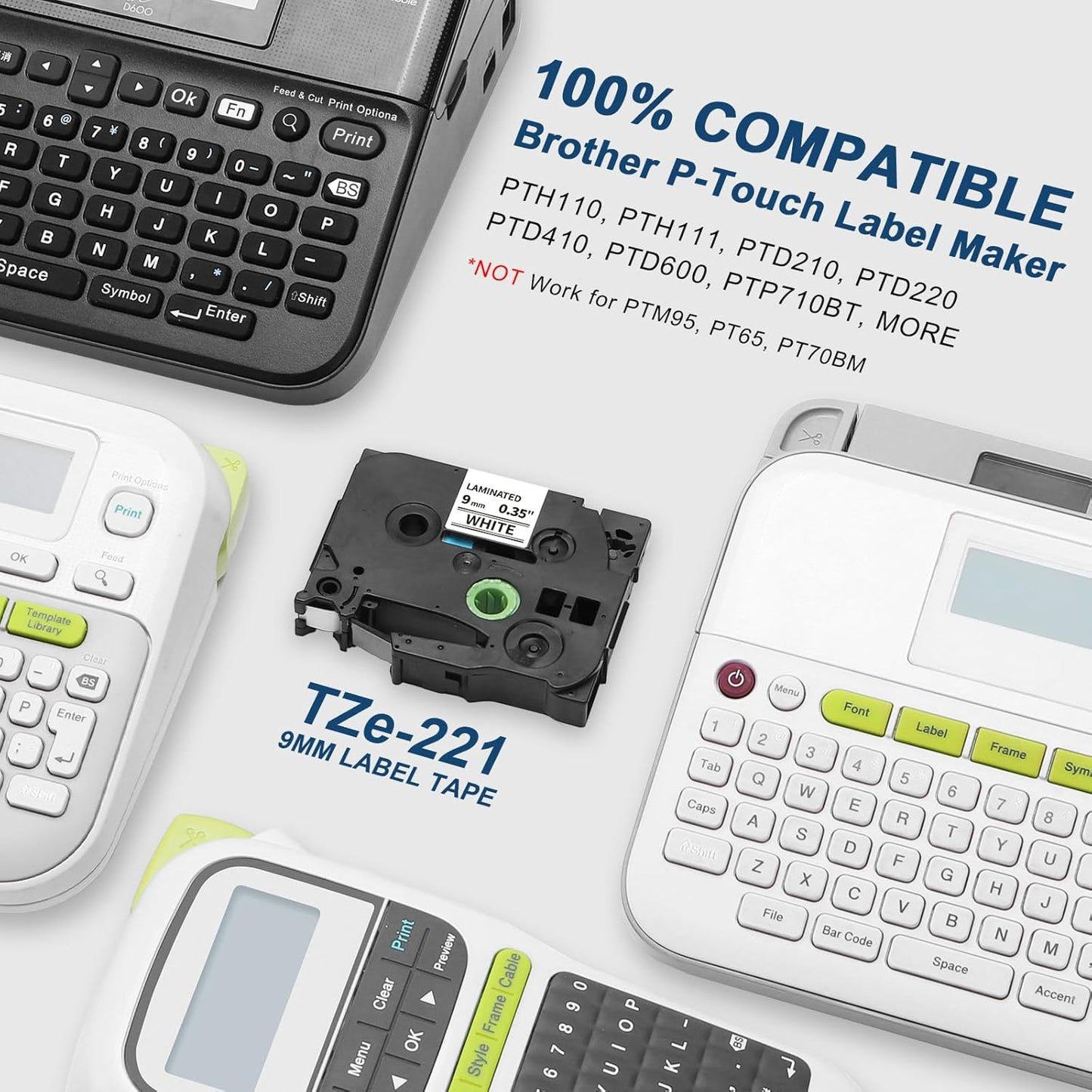 Label KINGDOM TZe-221 TZ Tape 9mm 0.35 Laminated White Replacement for Brother TZe221 9mm Label Tape Black on White 3/8 Inch Compatible with Brother P Touch PT-D210 PT-D220 PT-H110 PT-D400, 4-Pack