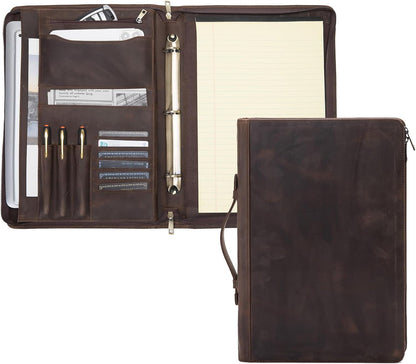 Genuine Leather 3 Ring Binder Portfolio, 8.5 x 14 Legal Size Pad Holder, Hidden Handle, Zippered Padfolio with 15” Laptop Organizer, Professional Business Folio for Men Women, Dark Khaki