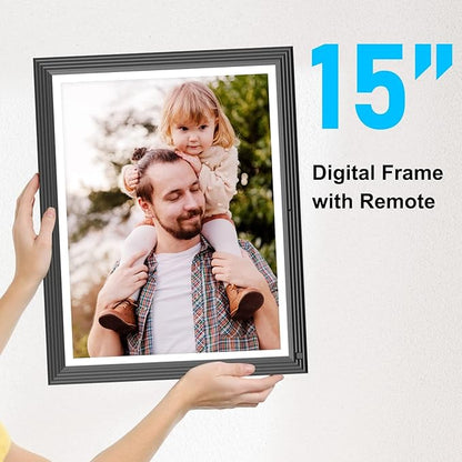 Large Digital-Photo-Frame Wi-Fi Picture Frame - 15" 32GB Smart Photo Frame with Remote Control (No Touch Screen), Full Function, Share Photo Video via App Email, Fee Cloud, Wall Mounted for Home Decor