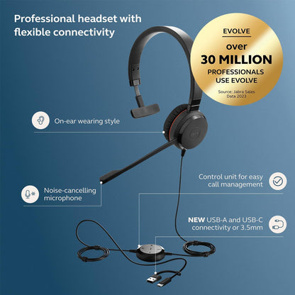 Jabra Evolve 30 II Wired Single-Ear Headset with Mic for Work - 3.5mm Jack, USB-A/USB-C Connectivity, Computer Headset with Noise-Cancelling Microphone, Works with Online Meeting Platforms - Black