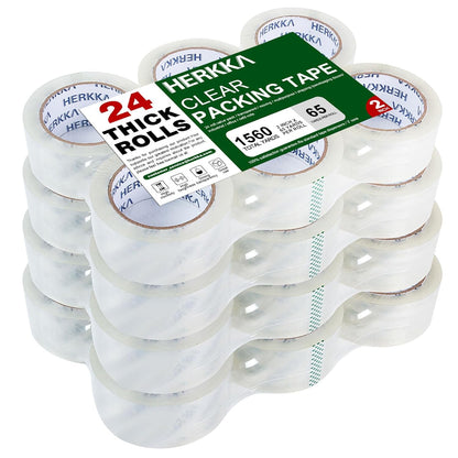 HERKKA Clear Packing Tape, 24 Rolls Heavy Duty Packaging Tape for Shipping Packaging Moving Sealing, Thicker Clear Packing Tape, 2 inches Wide, 65 Yards Per Roll, 1560 Total Yards