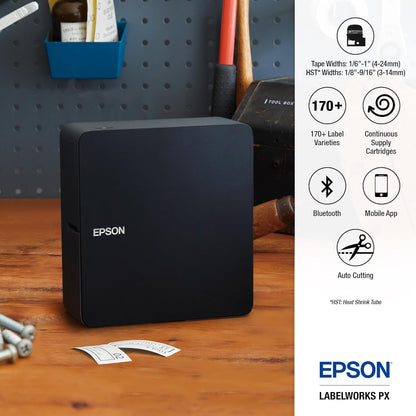 LABELWORKS Epson LW-C610PX-BLK Premium Portable Bluetooth Label Machine Printer with AC Adapter – Create Labels for Crafts and Organization, Designer Tape Supported, App Compatible