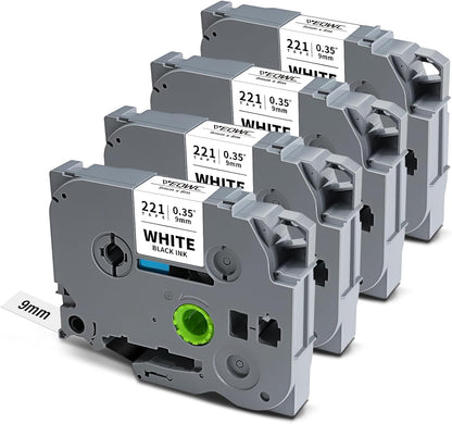 TZ Tape Tz-221 9mm 0.35 Laminated White Tape Compatible for Brother P-Touch TZe221 3/8 Inch Refill Work with Brother Label Maker Tape PT-D210 PT-D220 PT-H110 PT-1890 PT-D600 PT-D410, 4-Pack