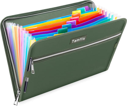 Fireproof Safe Accordion File Organizer Bag Folder,Waterproof Expanding Filing Folder with 14 Pockets, A4 Letter Size, Document Organizer Holder and Color Labels /2 Zipper (Green 14.3" x 9.8")