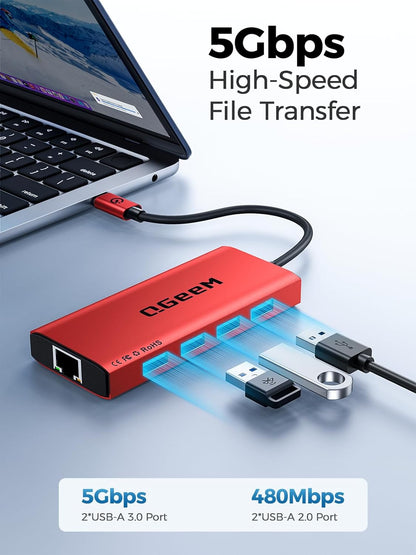 QGeeM USB C Hub Ethernet,9 in 1 USB Type C Hub HDMI Multi-Port Converter Adapter,100W Pd, USB 3.0,SD/TF Card Reader,Compatible for MacBook Pro Air Ipad HP Dell Lenovo Chromebook etc.-Red