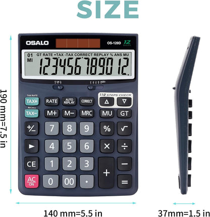 OSALO 12 Digits Desktop Calculator Extra Large LCD Display with VAT Tax Big Button, Dual Solar Power and Battery, Basic Calculator for Office, Home, School (DJ-120D Deep Blue)