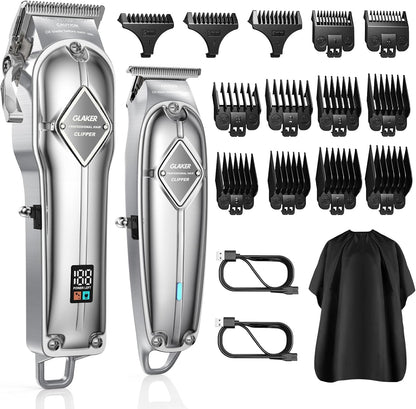 GLAKER Hair Clippers for Men Professional - Cordless Clippers and Trimmers Set, Complete Barber Kit for Hair Trimming & Beard Grooming, Mens Haircutting Kits for Blending & Fade Cuts (Silver)