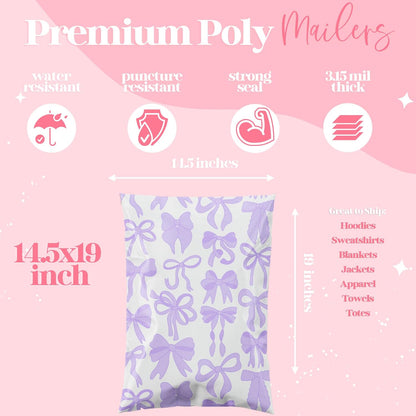 10x13 Designer Poly Mailer 100 Pack Heavy Duty Waterproof Self Seal Shipping Bags for Small Business Large Mailing Envelopes Bulk Tear Resistant Packaging Purple Bows