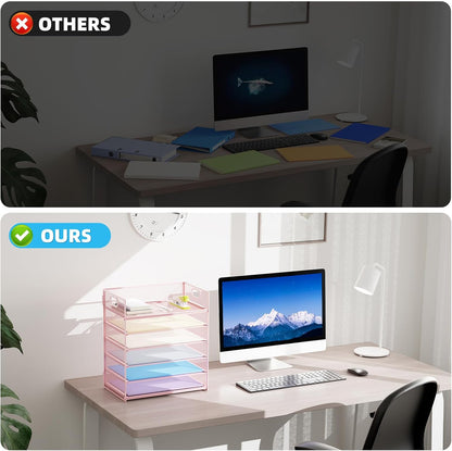 Marbrasse 2 Pack Desk Organizer with Handle, 6 Tier Paper Letter Tray, Mesh Desk File Organizer for Office, School and Home - Pink
