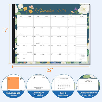 SUNEE Large Desk Calendar 2025-2026 22x17 from October 2025 to March 2027, Extra Large Desktop Monthly Calendar Pad 18 Months For Teacher or Family, Desk Top, Floral