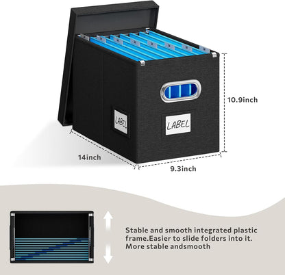 File Organizer Box with Lid - Set of 2 Portable Hanging File Box, Collapsible Linen Decorative Filing Storage Boxes for Office & Home File Cabinet (Black 14 x 9.3 x 10.9 inch)