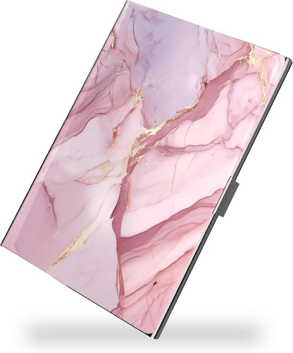 Business Card Metal Slim Organizer, Professional Stainless Steel Square Pocket Wallet for Office Workers, Compact and Portable for Pockets (Pink Marble