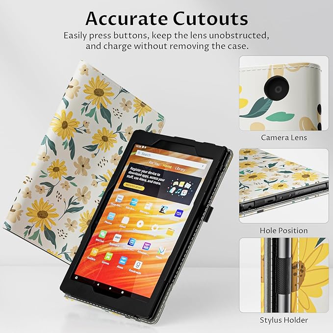 VORI Case for All-New Amazon Kindle Fire HD 10 Tablet (13th/11th Generation 2023/2021 Release) and Fire HD 10 Plus - Slim Folding Stand Folio Cover with Auto Wake/Sleep & Hand Strap, Summer Daisy