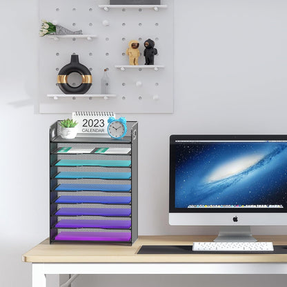 Samstar 9 Tier Desk Organizer, Mesh Paper Letter Tray File Rack Shelves Paper Sorter Storage with Handles, Black