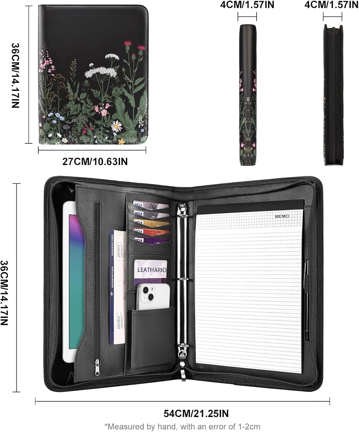 Leathario Portfolio Binder, Includes 5 Folder Index Dividers and 3 Notepads, 3-Ring Folder Organizer, Padfolio with Zipper, Vegan Leather Tablet Sleeve, Business Office Conference Clipboards