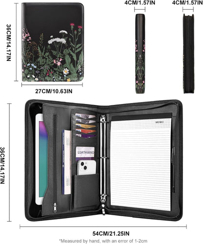 Leathario Portfolio Binder, Includes 5 Folder Index Dividers and 3 Notepads, 3-Ring Folder Organizer, Padfolio with Zipper, Vegan Leather Tablet Sleeve, Business Office Conference Clipboards