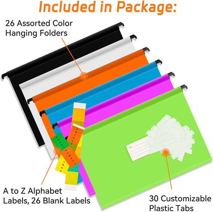 BOENFU Hanging File Folders, Letter Size, 26 Pack Sturdy Plastic Hanging Organizer File Folders for Efficient Filing, Assorted Colors