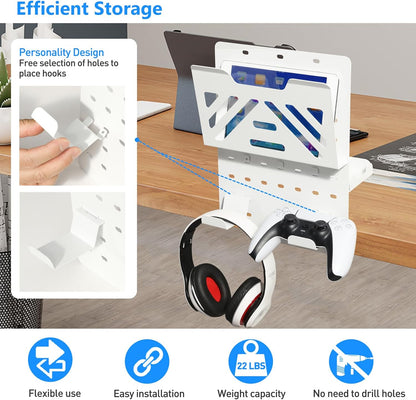 MAXECHO Desk Side Storage Holder, Metal Pegboard, Above or Under Desk Laptop Mount, Table Side Hanging File Organizer, Clamp On Cable Management Tray, Peg Board for Gaming, Office