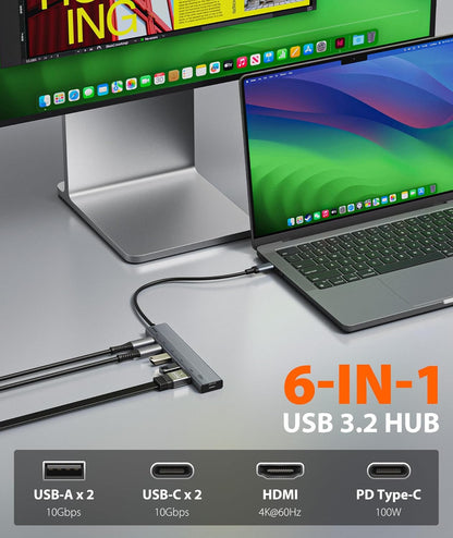 Aceele USB C Hub, 6 in 1 USBC Multiport Adapter with 10Gbps 2 USB C 3.2 and 2 USB A 3.2 Data Port, 4K 60Hz HDMI, 100W Power Delivery for MacBook Pro/Air, iPad Pro, iMac, Surface, XPS and More