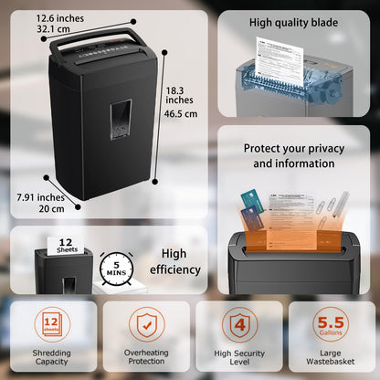 Bonsaii 12-Sheet Cross Cut Paper Shredder, P-4 High Security, Shreds Paper, Credit Cards, Staples, Clips, CDs, 5.5 Gal Home Office Heavy Duty Shredder with Transparent Window, Black