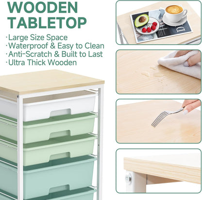 Craft cart,Rolling Cart with Drawers,Storage Cart with 5 Drawers and Wooden Tabletop for Under Desk Organizers and Storage,Green