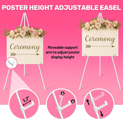 3 Pack White Easel Stand for Sign & Poster - 63" Adjustable Metal Easels for Wedding Welcome Sign, Painting, Canvas, Art Display - Portable Folding Tripod with Carry Bag, Holds 5 Lbs
