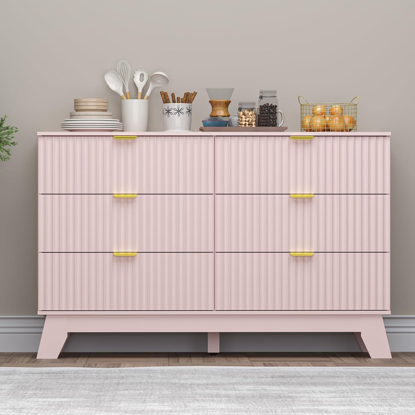 Fluted 6 Drawer Dresser, 47.2" Wide Modern Boho Chest of Drawers, Wooden Storage Dresser TV Stand for Bedroom, Living Room, Closet, Hallway, Curved Profile Design