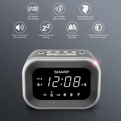Sharp Big Bang Super Loud Alarm Clock for Heavy Sleepers, 6 Extremely Loud Wake Up Sounds: Rooster, Bugle, Nagging Mom, Jackhammer, Siren, Beep– Up to 115db Volume, Silver/Black with White LED Display