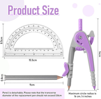 EBOOT Student Geometry Math Set, Drawing Compass and 6 Inch Clear Swing Arm Protractors 180 Degree Math Protractor (Lavender Purple)