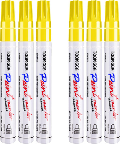 Yellow Permanent Paint Pens Paint Markers - 6 Pack Oil Based Markers, Quick Drying and Waterproof Marker Pen, Car Tire, Metal, Rock Painting, Wood, Ceramic, Plastic, Canvas, Mugs, Medium Tip