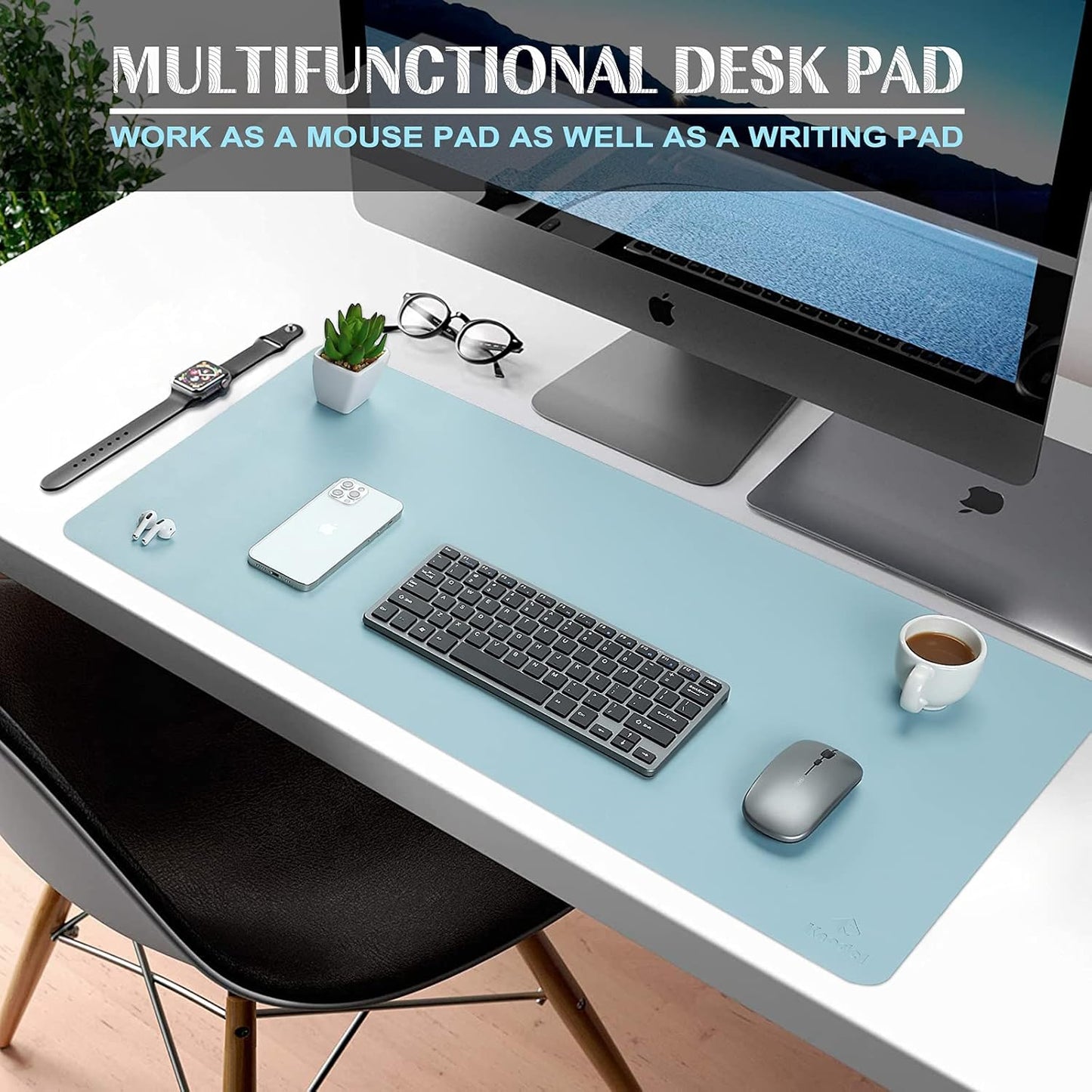 K KNODEL Large Office Leather Desk Mat, Mouse and Keyboard Pad, Computer and Laptop Mat, Desktop Protector and Cover, Writing Pad and Blotter (31.5"x15.7", Light Blue)