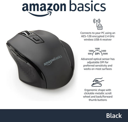 Amazon Basics Computer Mouse Wireless, Ergonomic, 2.4 GHz Optical, DPI Adjustable, Compatible With PC, Mac, Laptop, Black
