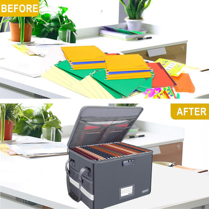 ENGPOW File Box with Lock, Fireproof Document Box with Zipper Lid, Collapsible File Organizer Storage Filing Cabinet with Handle, Portable Home Office Safe for Hanging Letter/Legal Folders, Grey