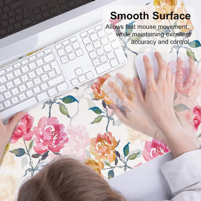 QIYI Floral Mouse Pad, Watercolor Flowers Desk Mat for Desktop, Women Girls Office Décor Accessories, PU Leather Waterproof Gaming Mousepad, Pink Yellow Peonies Desk Pad Computer Mat, 31.5" x 15.7"