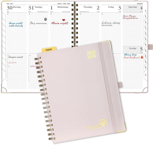 POPRUN Academic Planner 2025-2026 (July 2025-June 2026), Daily Weekly and Monthly Appointment Book (Wirebound Hard Cover - 10'' x 8'') with Hourly Time Slots, Tabs, 100 GSM - Light Pink