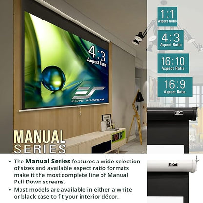 Elite Screens Manual Series, 120-INCH 4:3, Pull Down Manual Projector Screen with AUTO LOCK, Movie Home Theater 8K / 4K Ultra HD 3D Ready, 2-YEAR WARRANTY, M120XWV2