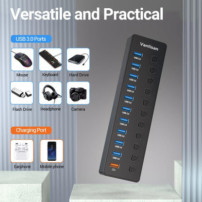 Powered USB Hub, 11-Port USB 3.0 Hub Splitter - 10 USB 3.0 Data Transfer Ports + 1 Smart Charging Port, USB Hub 3.0 Powered with Individual LED On/Off Switches and 5V/4A Power Adapter