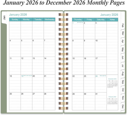 2026 Pocket Planner/Calendar - Planner from January 2026 - December 2026, Planner 2026 with 12 Tabs, Twin-Wire Binding, Inner Pocket, 3.75" x 6.75", Green
