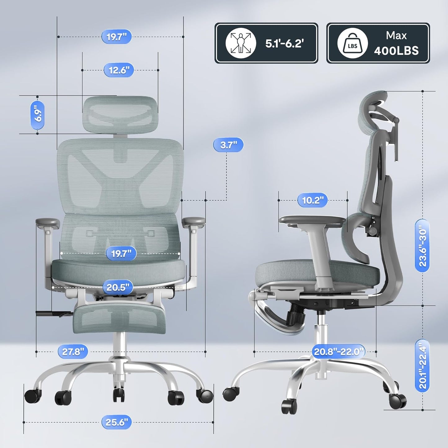 FLEXISPOT ErgoX Premium Ergonomic Office Chair with Footrest- Adjustable 3D Armrests, Dynamic Lumbar Support, Recline & Tilt Function, Mesh Seat, for Home & Office Use,Foam Blue