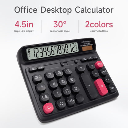 VEWINGL Desktop Calculator, 12-Digit Large LCD Display, Big Computer-Style Keys, Dual Power (Solar & Battery), Auto Sleep Mode, for Office, School, Home & Business 7.5″ x 6.1″ (Black, L)
