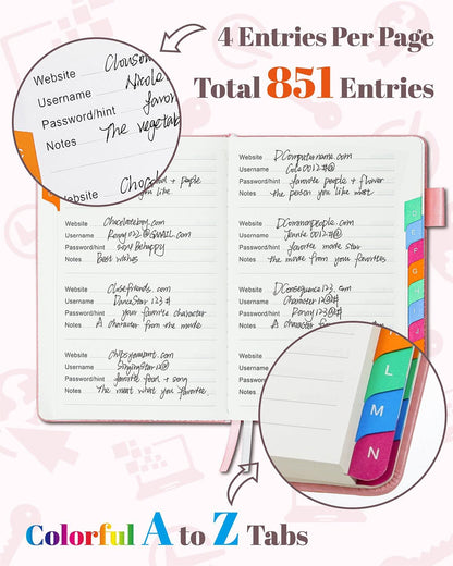 Password Keeper Book with Colorful Alphabetical Tabs, Hardcover Password Log-Book for Internet Password and Website Address, 5.8"×8.4" Password Notebook for Home Office (Pink)