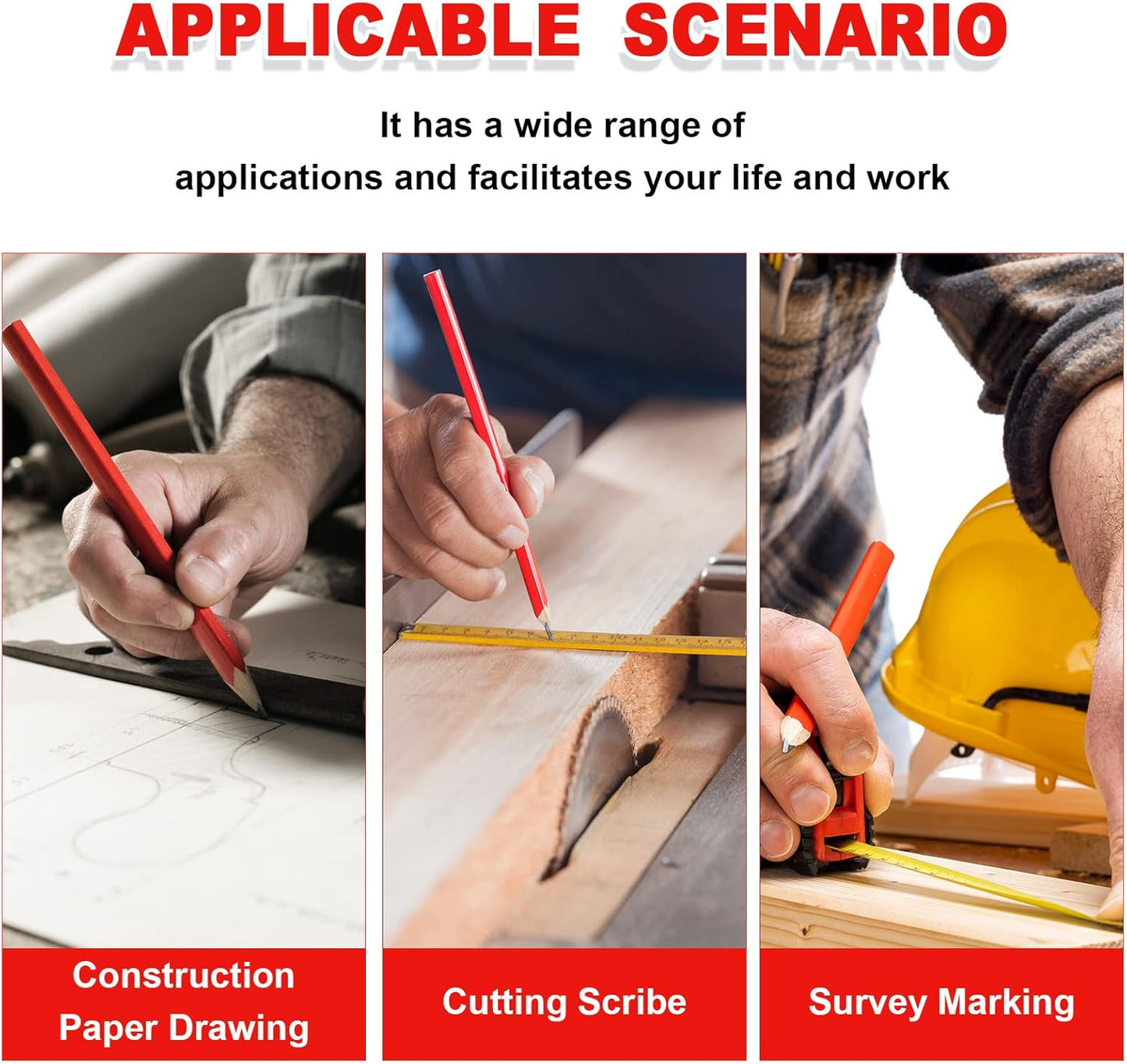 Honoson 200 Pcs Flat Construction Pencils with Printed Ruler Wood Graphite 2 Pcs Carpenter Pencil Sharpener for Woodworking Marking Tool(Red)