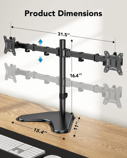 HUANUO 32 inches Dual Monitor Stand up to 17.6lbs per Arm, High-Grade Aluminum Free-Standing Dual Monitors Mount for 2 Screens. Fully Adjustable Dual Monitor Stand for Desk with Tilt, Swivel, Rotation
