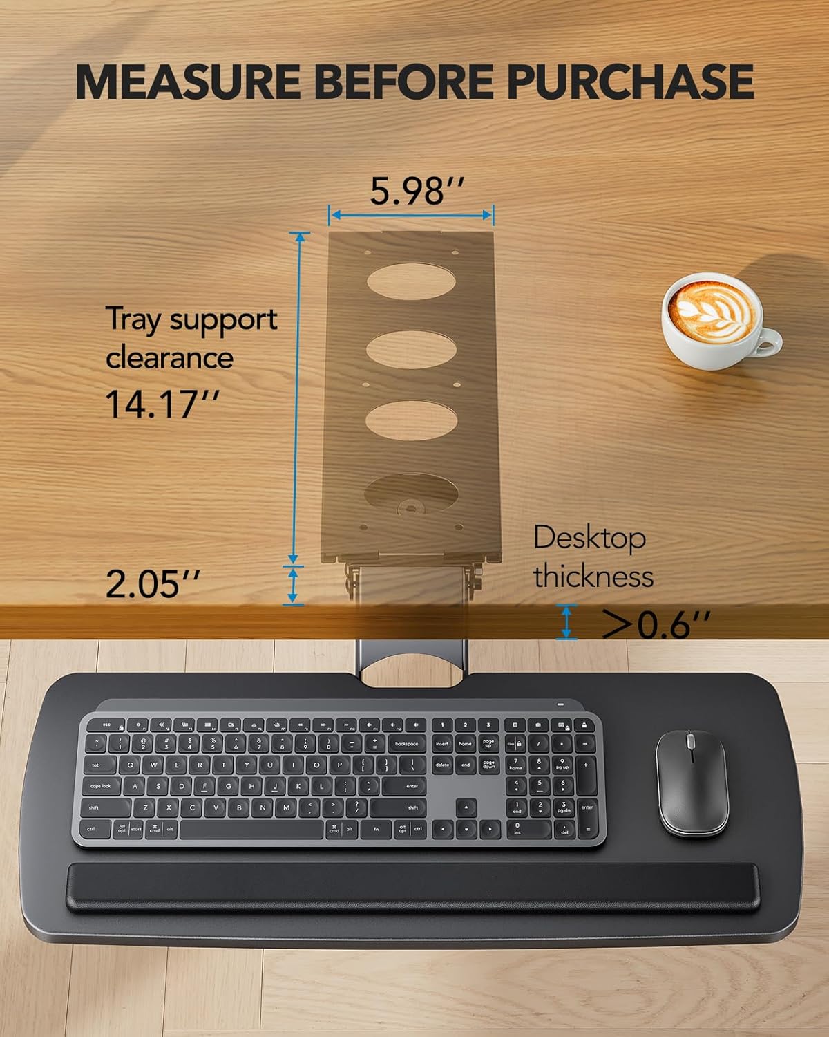 HUANUO Keyboard Tray Under Desk, 360 Adjustable Under Desk Keyboard Tray Slide Out, Ergonomic Pull Out Keyboard Tray Under Desk, 25"W x 9.84"D