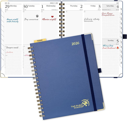 POPRUN 2026 Planner (Large Size 10'' x 8'' Wire-Bound Hard Cover) Daily Weekly and Monthly Calendar - Agenda 2026 (Jan.2026-Dec.2026) with Hourly Schedule, Monthly Tabs - Navy Blue