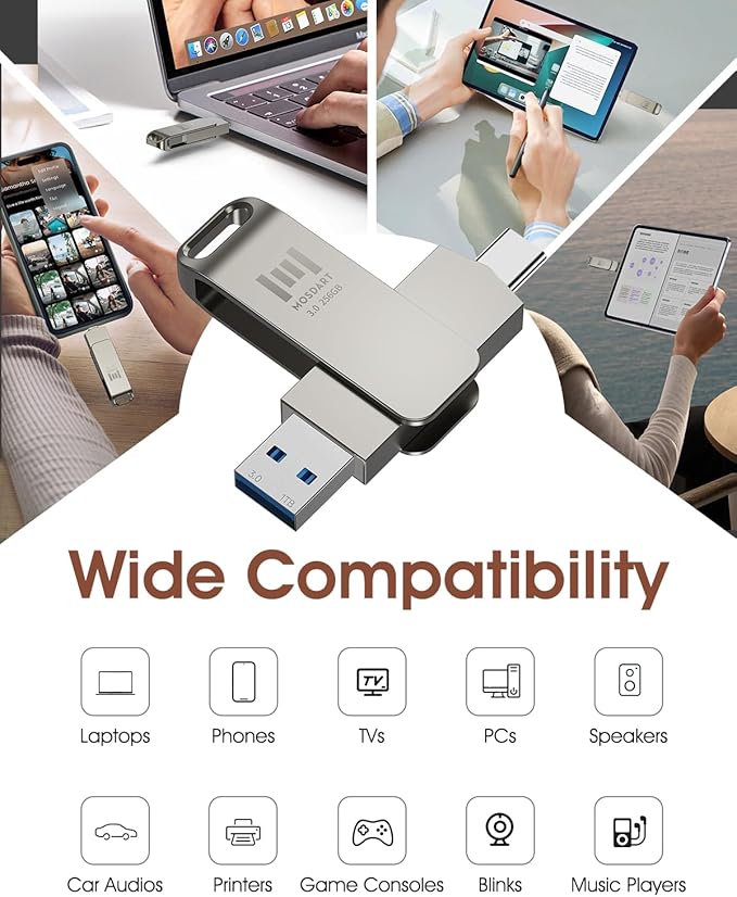 MOSDART 256GB USB3.1 Fast Speed C and A Dual Flash Drive, exFAT Memory Stick with Keychain Loop, for iPhone 15,16,17, Android Phone, iPad, MacBook, Silver